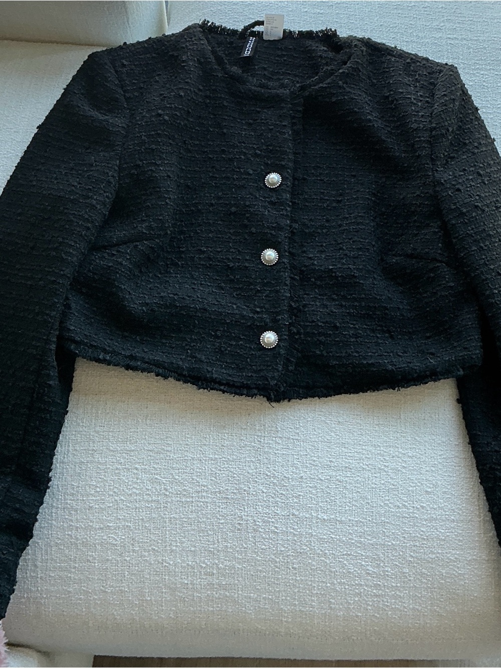 H&M Black Cropped Tweed Blazer with Pearl Buttons